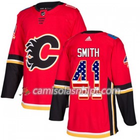 Camisola Calgary Flames Mike Smith 41 Adidas 2017-2018 Vermelho USA Flag Fashion Authentic - Homem